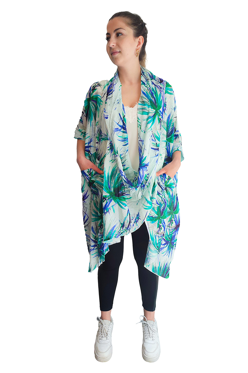 Λινό τουνικ με φοίνικες σε αποχρώσεις μπλέ και πράσινου