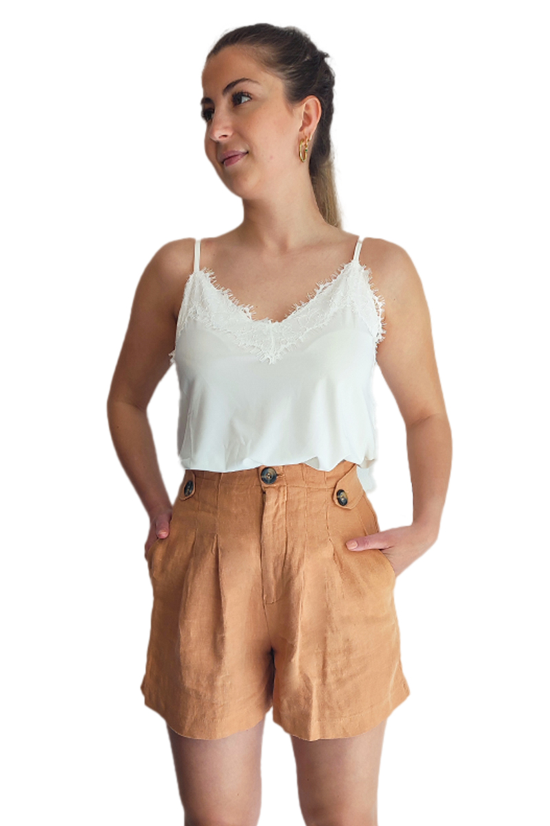 Μπεζ λινό ψηλόμεσο σορτς