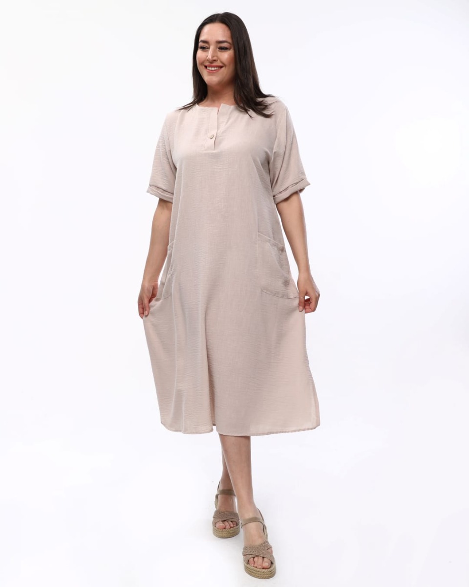 Φόρεμα με κουμπί στο γιακά μπεζ