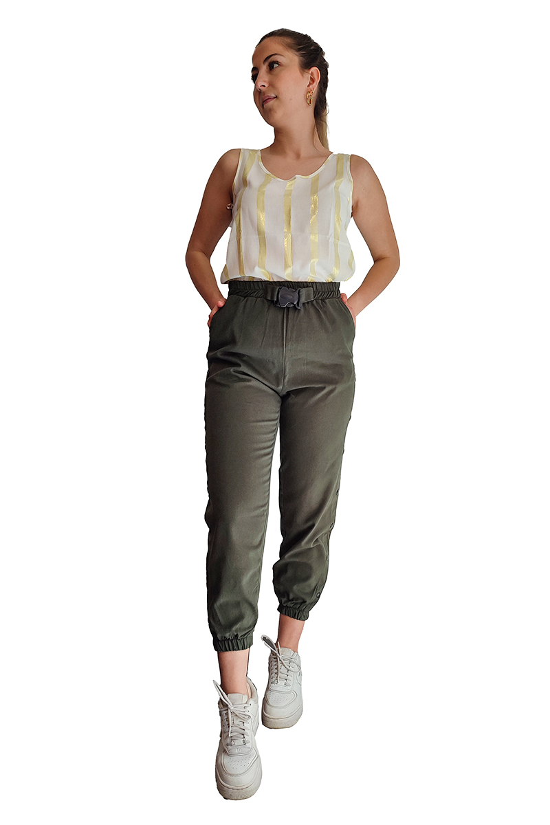 Χακί βαμβακερό παντελόνι με λάστιχο στη μέση 