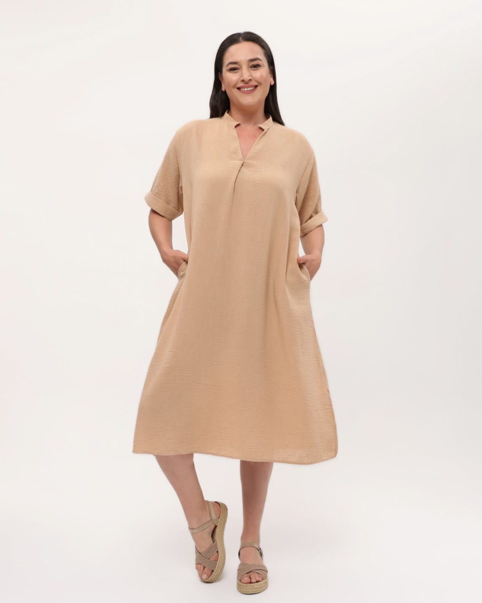 Καφτάνι φόρεμα με V γιακά και τσέπες σοκολατί 