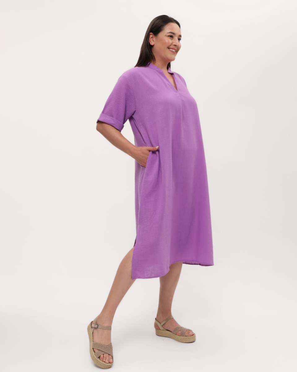 Καφτάνι Φόρεμα με V γιακά και τσέπες μωβ 